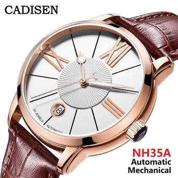 CADISEN Automatski satovi Za muškarce Elitnom Top Brand Safir kristal Sjajni Ručni sat od prave kože NH35A Mehanički satovi za muškarce