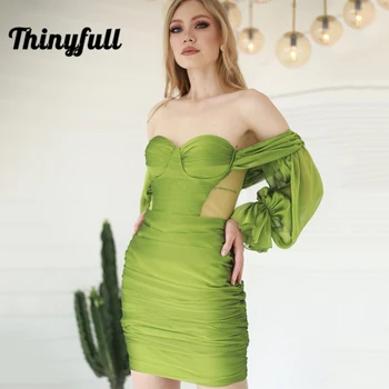 Tanke seksi mini haljina za prom 2021 sa zelenim rukavima Večernjim večernja haljina Čipkan zelena s otvorenim ramenima Koktel haljina Plus Size