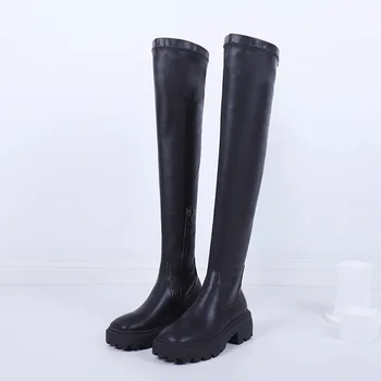 Klasični stil jesensko-zimske čizme elastična cipele od mikrovlakana ženske cipele s debelim petama crna platforma duge čizme iznad koljena