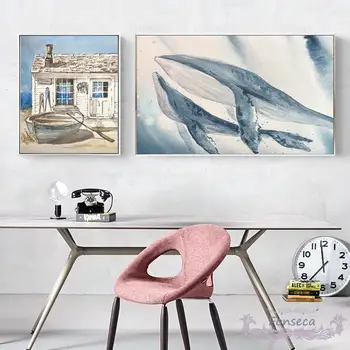 Crtani Morski život Лодочный kuća je Slika na platnu Nordijsko Касатка Moonlight girl Plakat i grafike Zidni Umjetničke slike Dekoracija za dječju sobu