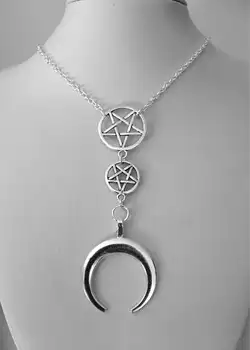 SVEĆENICA MJESECA,ogrlica u obliku polumjeseca,obrnuti pentagram,obrnuta mjesec,okultne,ezoterija,gotički,gotički,sotonske simboli 
