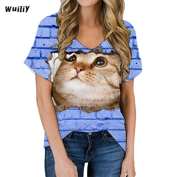 Ženska t-shirt s mačka, lijep grafički t-shirt, mače, 3D print, хлопковая majica s V-izrez, slatka majice za djevojčice, majice za kućne mačke