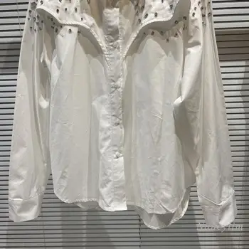 Sjajna, vještački dijamant perle Majice s otvorenim ramenima Ženske Slobodne Bijele Bluze 2022 Proljeće Nove bluze s dugim rukavima i отворотами Ženska majice odjeća