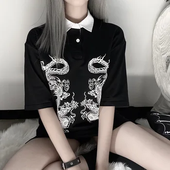 Harajuku Punk Ženska odjeća s po cijeloj površini Zmaj Ženske Majice Vintage Black Gotička odjeća Dugo Besplatne Majice, Košulje za žene