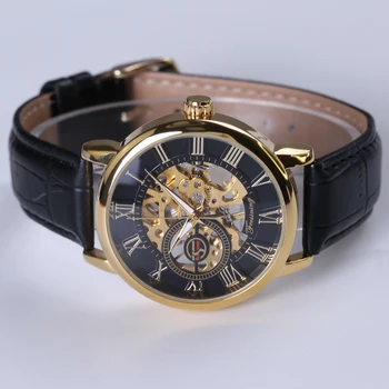 Mehanički sat Forsining 3d Dizajn Logotipa s šuplja ugraviran Crna Metalik kućište Kožni skelet Muški satovi Luksuzni brend